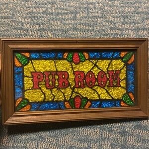 Vintage 1970's PUB ROOM Bar Tavern Sign Wood Framed FOIL Stained Glass 14”x8”
